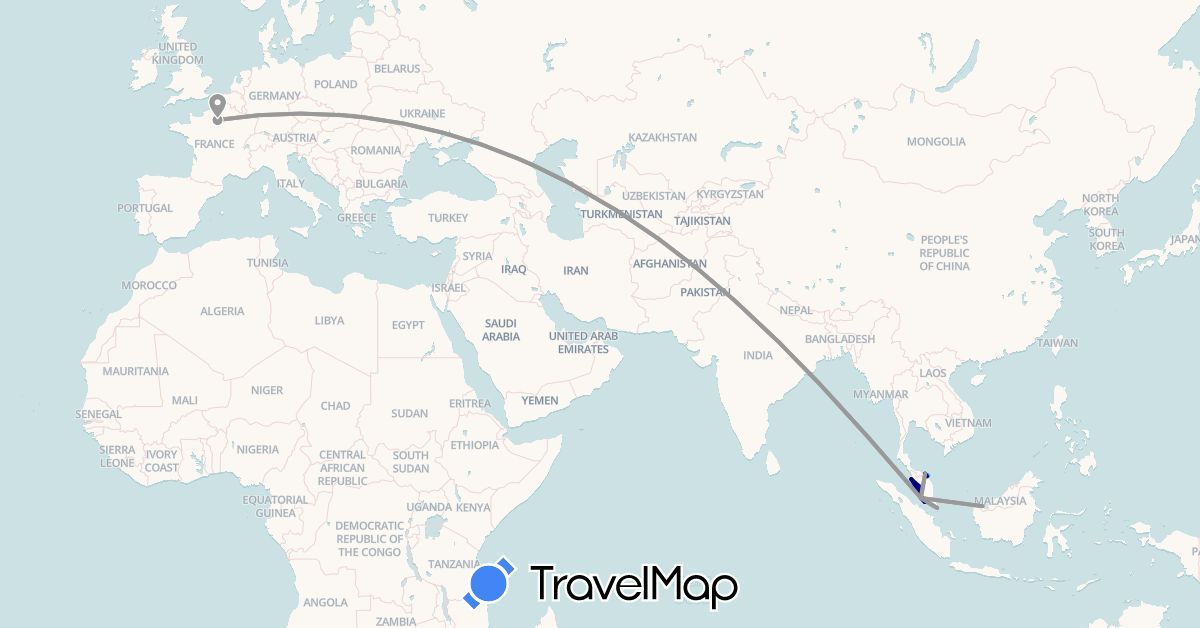 TravelMap itinerary: driving, plane, boat in France, Malaysia, Singapore (Asia, Europe)